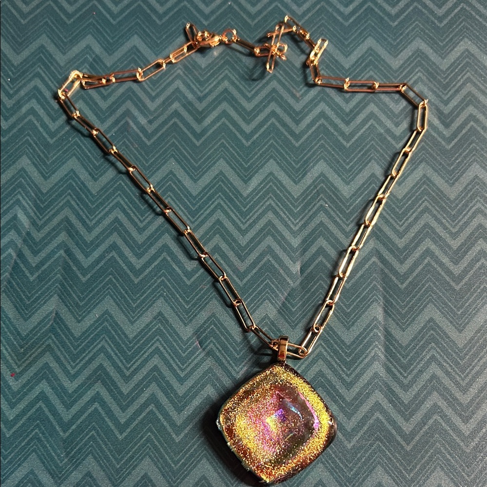 Gold Paperclip Chain with dichroic fused glass pendant.